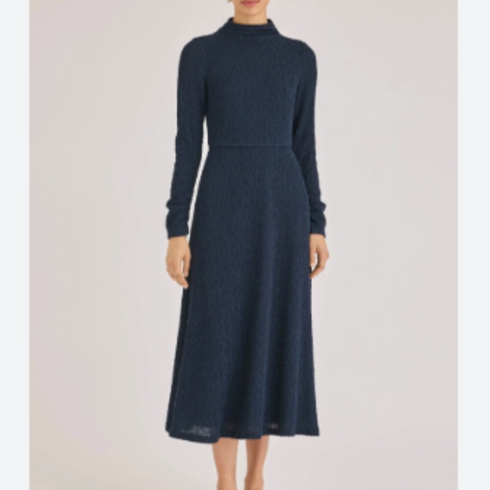 Rebecca Taylor Taryn Knit Lace Smocked Ruched High Neck Midi F & Flare Dress L